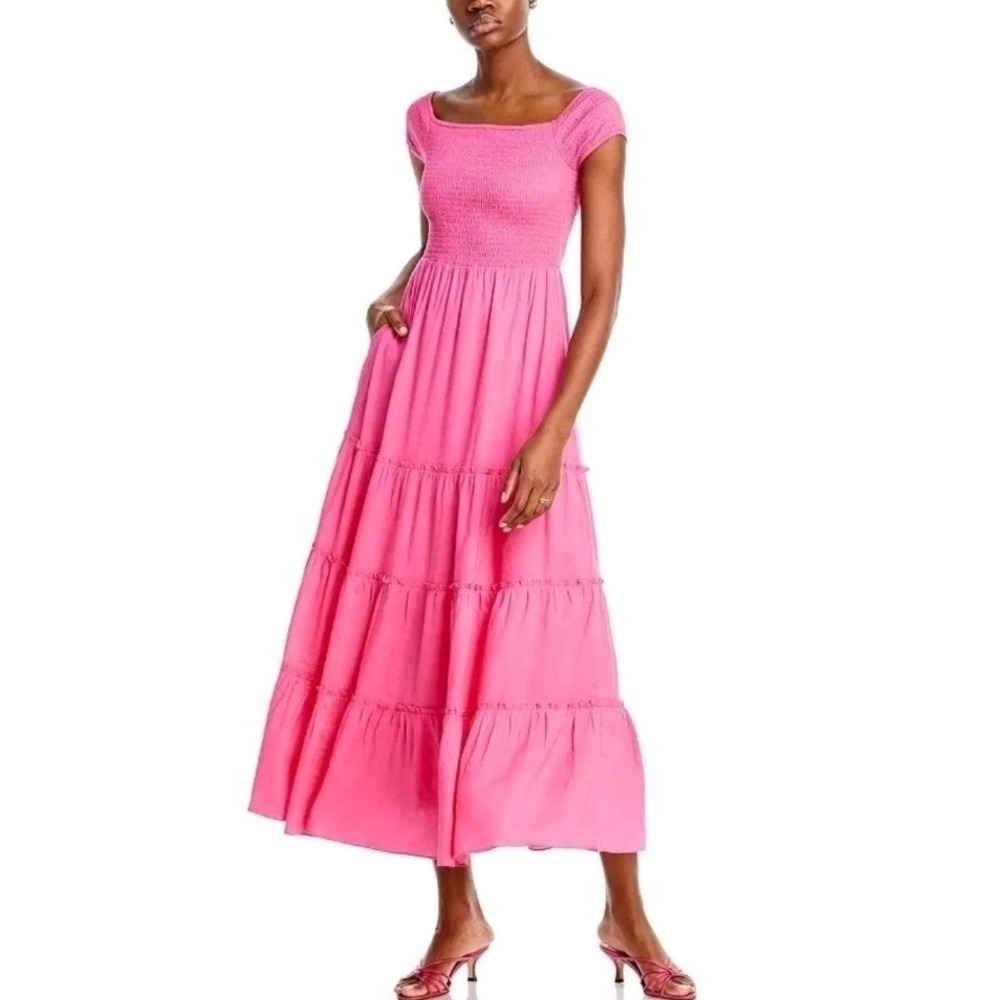 Lucy Paris Women's Large Smocked Linen Blend Tiered Midi Dress In Pink